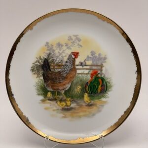 Vintage Rooster Hen Chick Plate Gold Rim Farm Scene Cottage Decor